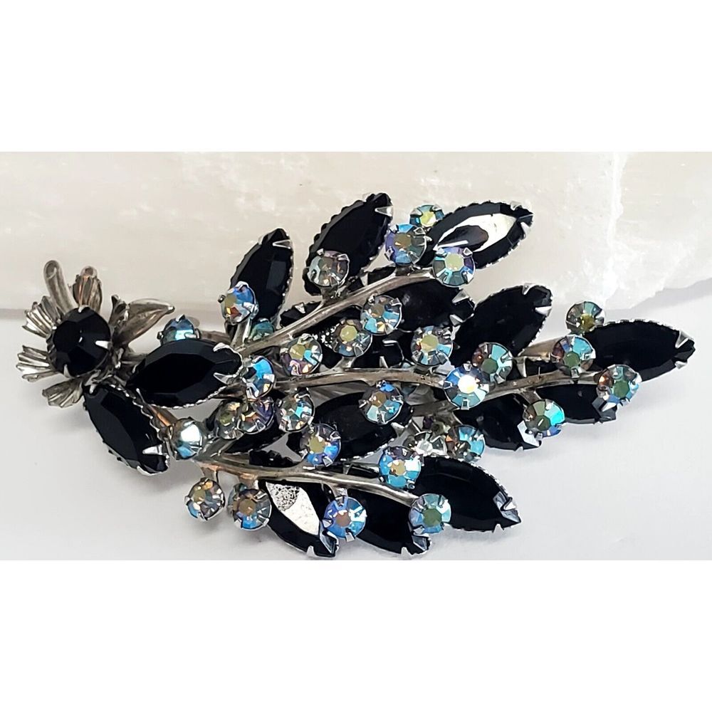 VTG Brooch Aurora Borealis Judy Lee? Black Floral Bouquet Dual Stack Silver Pin